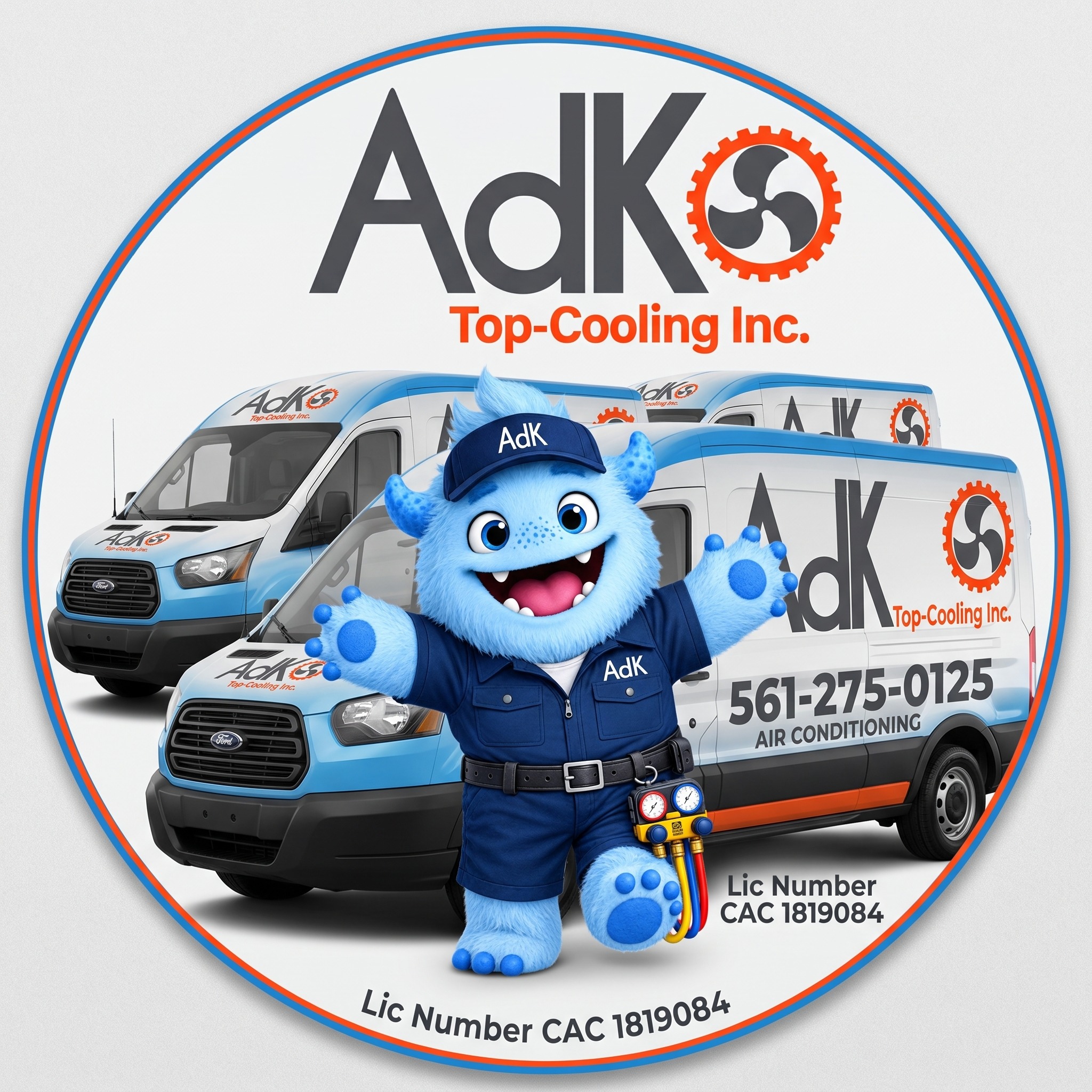 AdK Top-Cooling service vans and blue mascot, call 561-275-0125