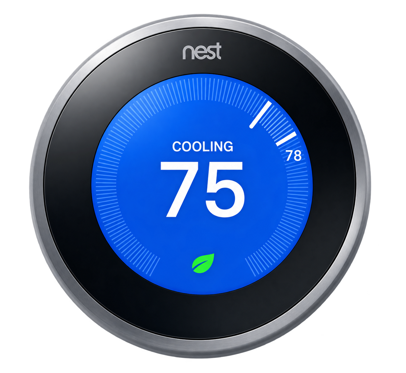 Nest smart thermostat displaying cooling at 75 degrees